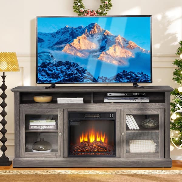 ToolCat 60 in. Freestanding Electric Fireplace TV Stand with 18 in. Fireplace Insert for TV Up to 65 in. Dark Walnut