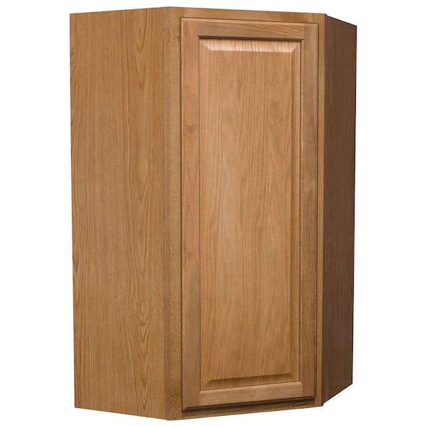 Hampton Bay Hampton 24 in. W x 12 in. D x 42 in. H Assembled Diagonal Corner Wall Kitchen Cabinet in Medium Oak