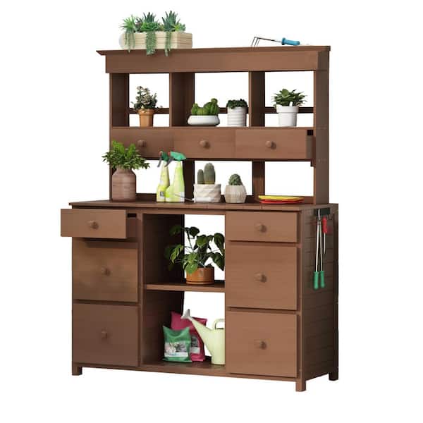 Unbranded 50 in. W x 65.7 in. H Greenhouse Garden Potting Bench Table, Multiple Drawers and Storage Shelves, Brown