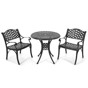 3-Piece Cast Aluminum Outdoor Bistro Set Patio Table Set with Umbrella Hole in Black