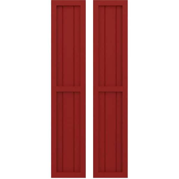 Ekena Millwork 10-1/2 in. W x 52 in. H Americraft 3-Board Exterior Real Wood 2 Equal Panel Framed Board and Batten Shutters in Fire Red