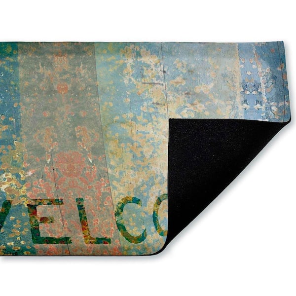 Rustic Stripe Welcome Blue 18 in. x 30 in. Polyester Non-Slip Outdoor Door Mat