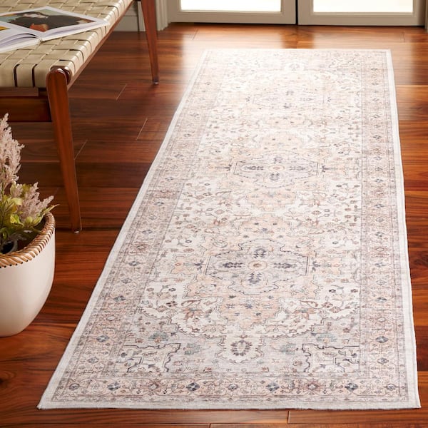 Arizona 3 ft. x 6 ft. Peach/Beige Machine Washable Distressed Border Ornate Runner Rug