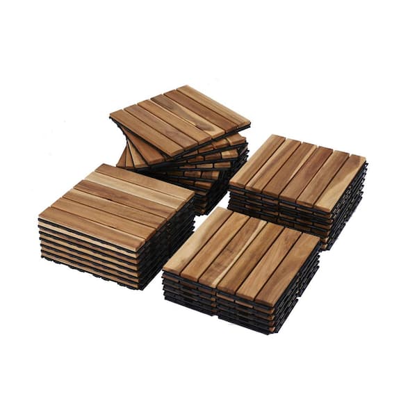 Tunearary Outdoor Patio, Garden 12x12 in. Acacia Hardwood Yellow Brown Square Interlocking Deck Tile Striped Flooring, 30-Pieces