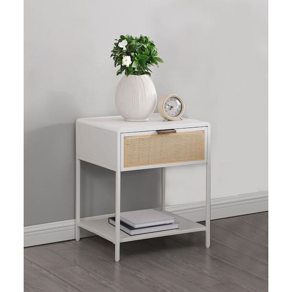 Amherst 20 in. White Rectangle Wood Top Side Table with Radio Weave Cane Drawer