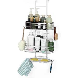 Over-The-Door Shower Caddy Organizer, Shower Storage Rack Shelf with Hooks and Soap Holder in Silver