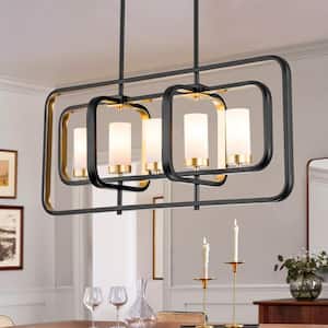 Mager 5-Light Matte Black Industrial Rectangular Linear Chandelier with Frosted Opal Cylindrical Glass Shade