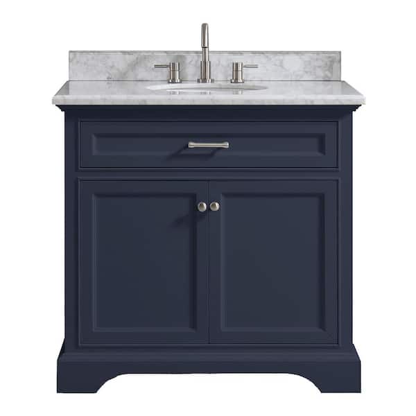Windlowe 37 in. Single Sink Navy Blue Bath Vanity with White Carrara Marble Top (Assembled)