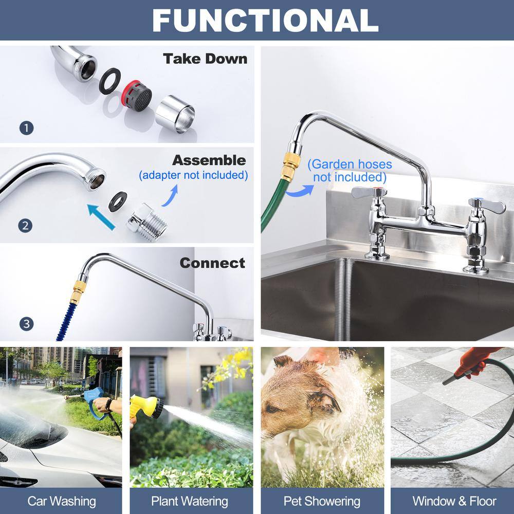 12" Polished Chrome Double Handle Deck Mount Kitchen Faucet