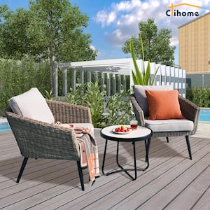 3-Piece Patio Wicker Metal Outdoor Conversation Sets with Gray Cushions