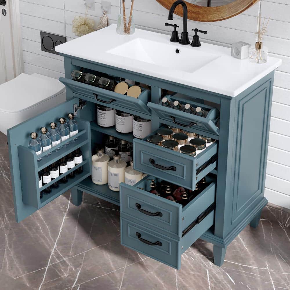 "36"" Freestanding Bathroom Vanity with Ceramic Sink Top, Solid Wood Frame, Flip Drawers, Adjustable Shelf" price history on PriceWatchPro
