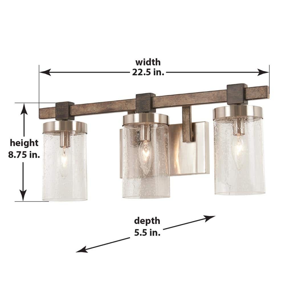 Stone Grey Brushed Nickel 3-Light Seedy Glass Vanity Light