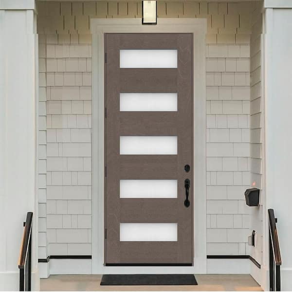 Regency 36 in. x 96 in. 5-Lite Modern Frosted Glass RHOS Ashwood Stained Fiberglass Prehung Front Door