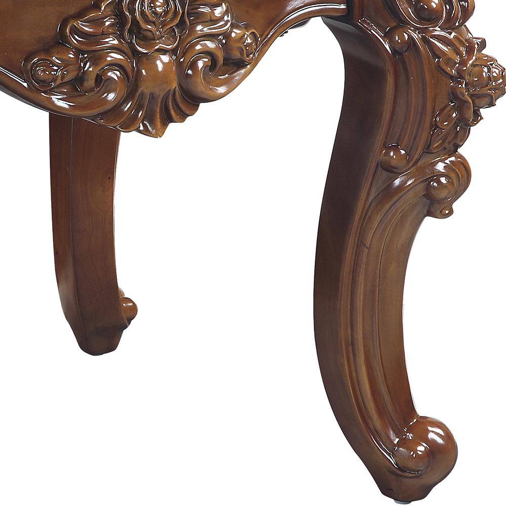 Walnut Brown Scalloped Marble Top End Table with Carved Floral Motifs