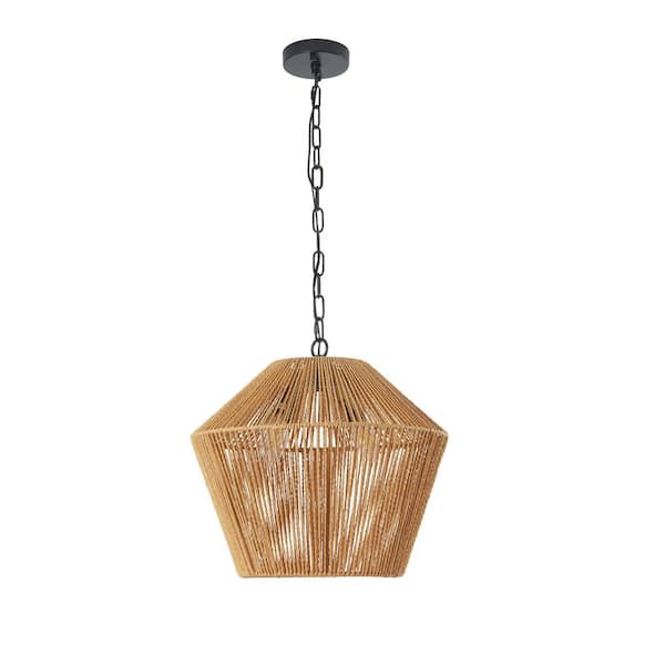 17 in. 4-Light Handcrafted Farmhouse Natural Rattan Pendant Light in Antique Brass with Rope Woven Shape