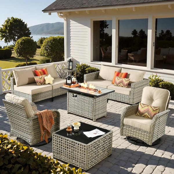 Gerbera Gray 9-Piece Wicker Patio Fire Pit Conversation Sofa Set with Swivel Rocking Chairs and Beige Cushions