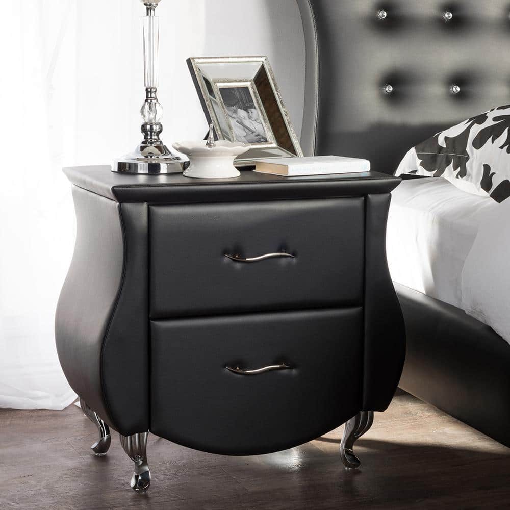 Erin 25.7" Modern Black Faux Leather 2-Drawer Nightstand