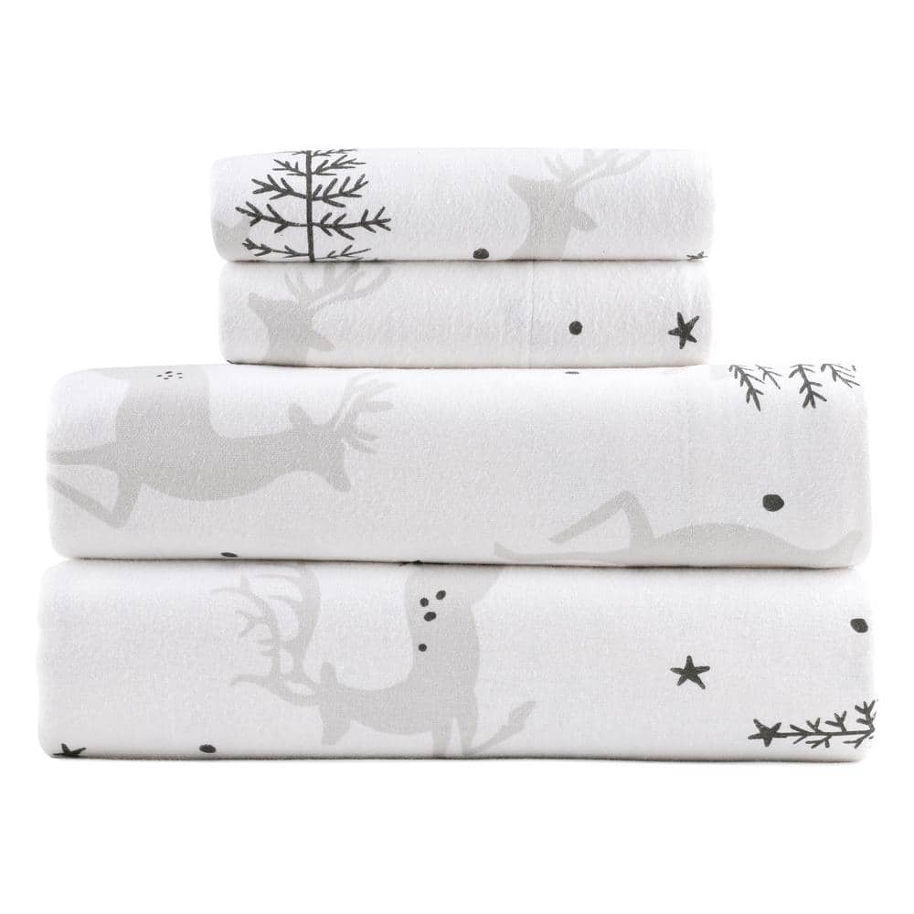 Twin White Cotton Flannel Animal Print Sheet Set