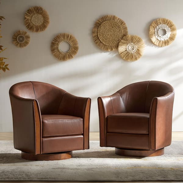 Cristina Brown 29 in. W Transitional Genuine Leather Swivel Barrel Arm Chair with Solid Wood Base (Set of 2)