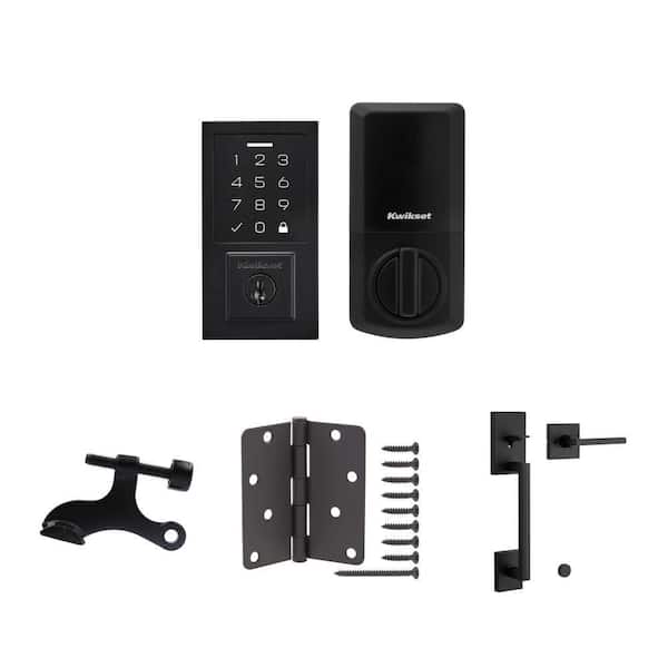 SmartCode 270 Deadbolt, Hinge Pin Stop, 4 in. Hinge, and San Clemente Handleset, Matte Black Combo