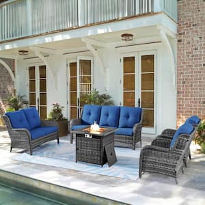 5-Piece Gray Wicker Outdoor Patio Fire Pit Seating Set with CushionGuard Blue Cushions