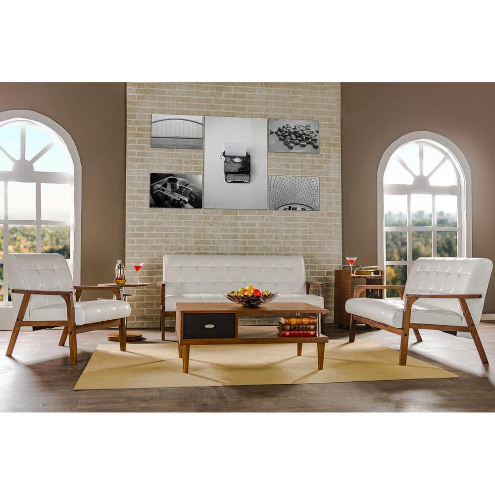 Elegant White Faux Leather Tufted Sleeper Sofa with Wood Accents