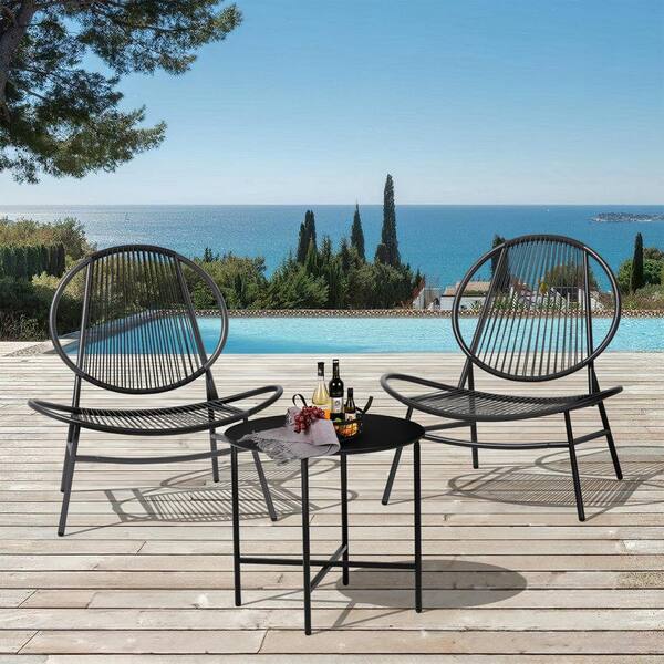 JEAREY 3-Piece Black Round Rattan Patio Rust-Proof Outdoor Bistro Set
