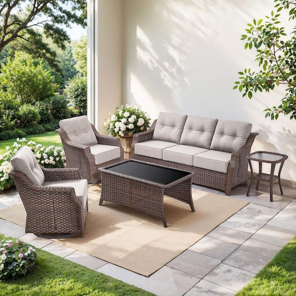 Henn 5-Piece Brown Wicker 5-Seat Outdoor Patio Conversation Set with Beige Cushions, 2-Swivel Chairs and Coffee Table