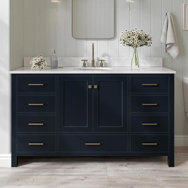 ARIEL Cambridge 61 in. W x 22 in. D x 35.25 in. H Vanity in Midnight Blue with White Marble Vanity Top with Basin