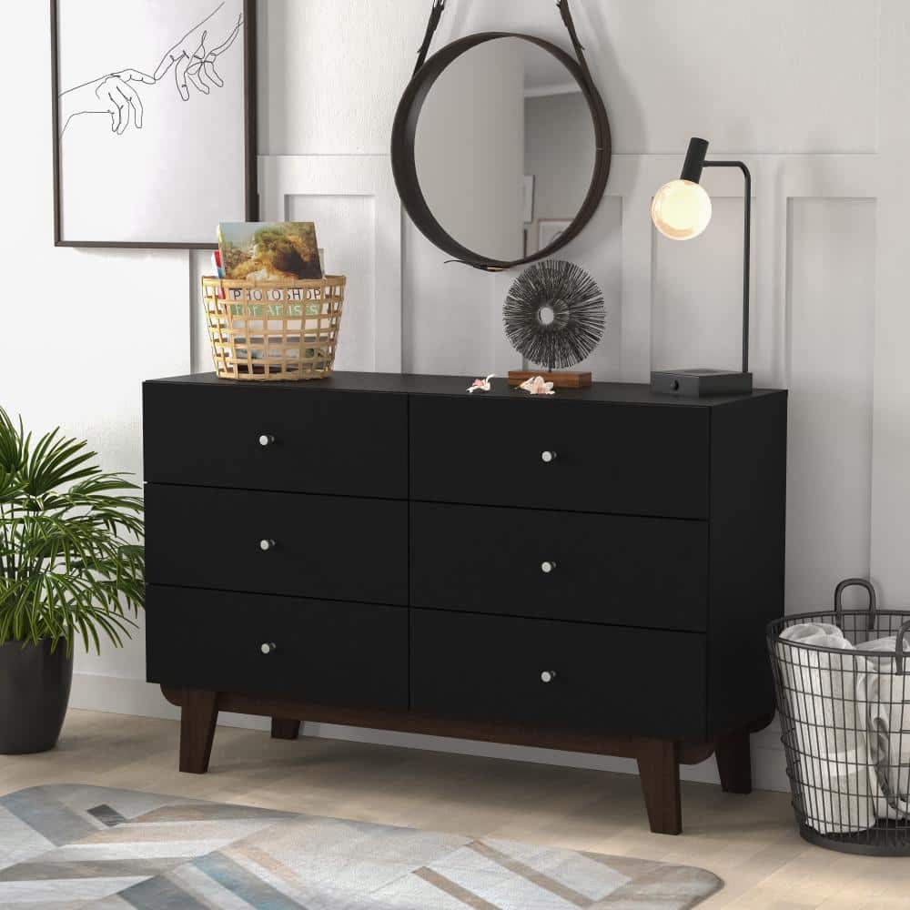Matte Black Mid-Century Modern 6-Drawer Wood Dresser