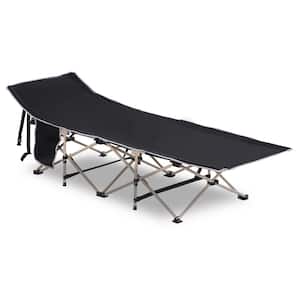 74.8 in. Folding Steel Outdoor Lounge Chair, Black Portable Camping Cot Sleeper for Adults with Carry Bag, Side Pocket