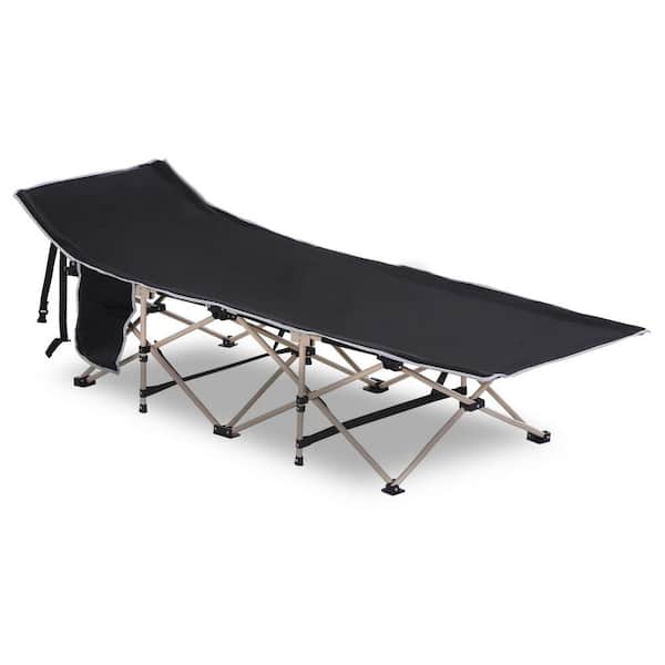 Otryad 74.8 in. Folding Steel Outdoor Lounge Chair, Black Portable Camping Cot Sleeper for Adults with Carry Bag, Side Pocket