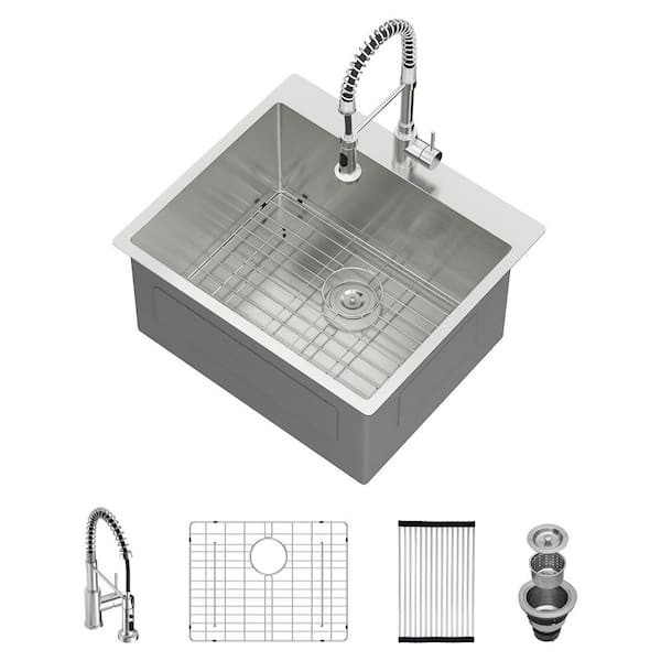 25 in. W x 22 in. D Drop-In Laundry/Utility Sink Single Bowl Stainless Steel with Faucet and Basket Strainer