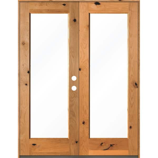Krosswood Doors 60 in. x 80 in. Rustic Knotty Alder Clear Full-Lite Clear Stain Wood Left Active Inswing Double Prehung Front Door