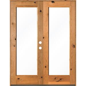 64 in. x 80 in. Rustic Knotty Alder Clear Full-Lite Clear Stain Wood Left Active Inswing Double Prehung Front Door