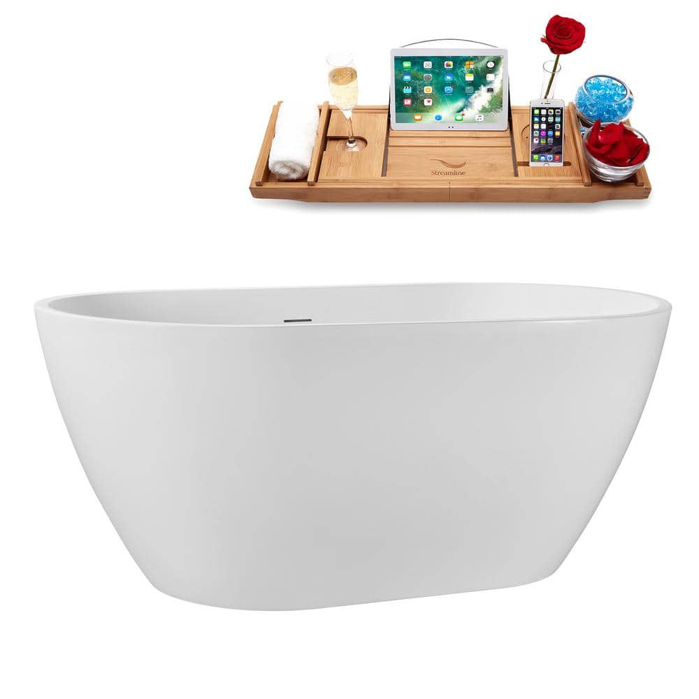 55" Glossy White Acrylic Freestanding Soaking Tub with Tray