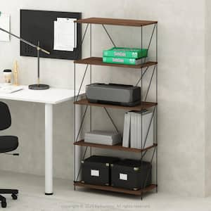 Wire 53.74 in. Tall Walnut Cove Wood 5-Shelf Metal Frame Bookcase