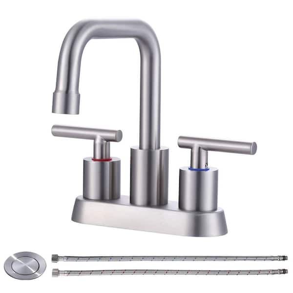 WOWOW 4 in. Centerset Double Handle 360° Rotation Spout Bathroom Faucet with Drain Kit Included in Brushed Nickel