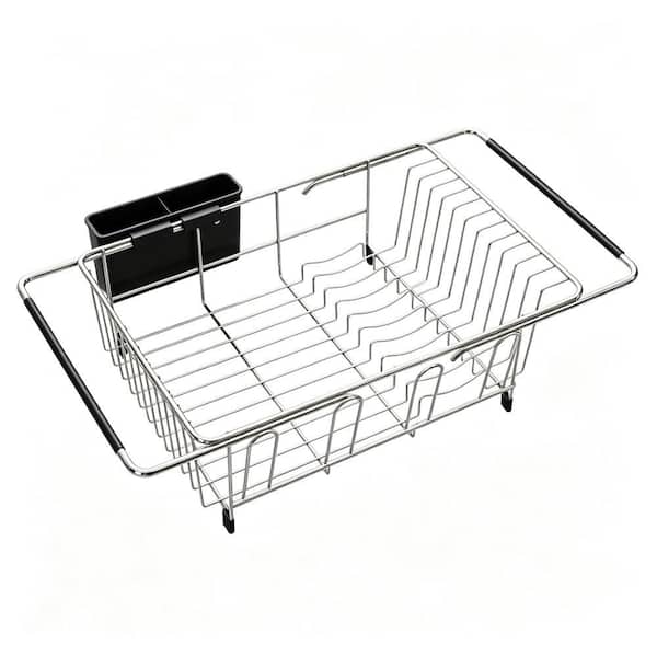 Expandable Stainless Steel Over, In Sink Dish Rack, 304 Rust-Proof with Non-Slip Rubber Sleeves, Hollow Drainage, Silver