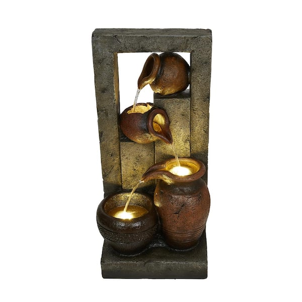 Nestfair 32.1 in. Tall Dark Brown 4-Tier Floor Waterfall Fountain with Yellow LED Light