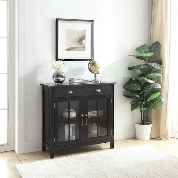 Unbranded Gracie Black Storage Cabinet with 2-Drawers and 2-Glass Doors