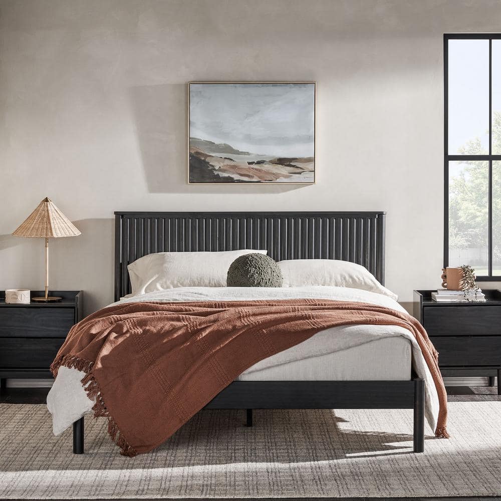 Welwick Designs Modern Black Solid Wood Frame Queen Platform Bed With ...