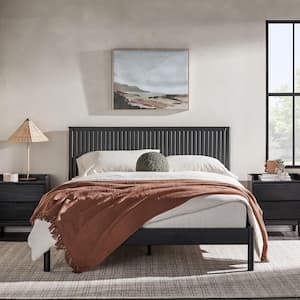 Modern Black Solid Wood Frame Queen Platform Bed with Unique Reeded Design Headboard