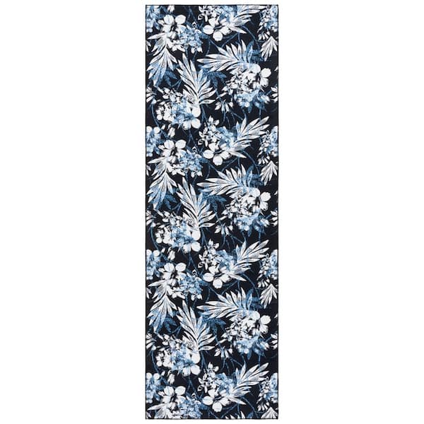 Malibu Black/Blue 3 ft. x 8 ft. Machine Washable Abstract Botanical Runner Rug