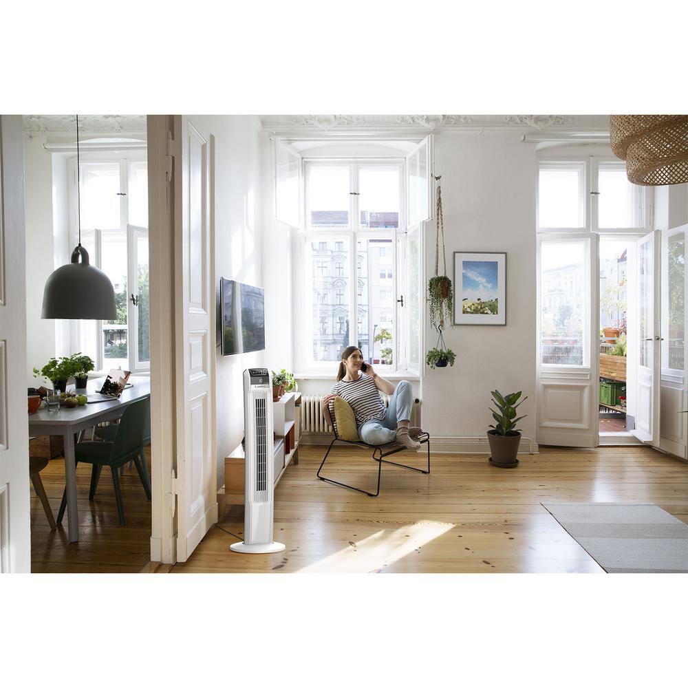 White EcoQuiet Oscillating Tower Fan with Remote Control