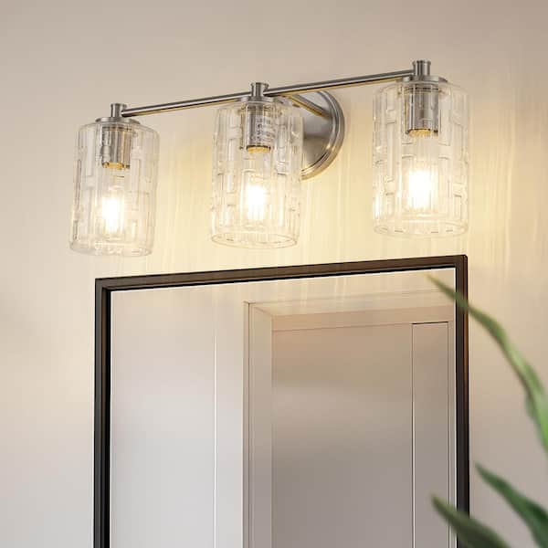 20 in. 3-Light Polished Nickel Bathroom Vanity Light with Clear Seedy Glass Shades, Dimmable Lighting Fixture