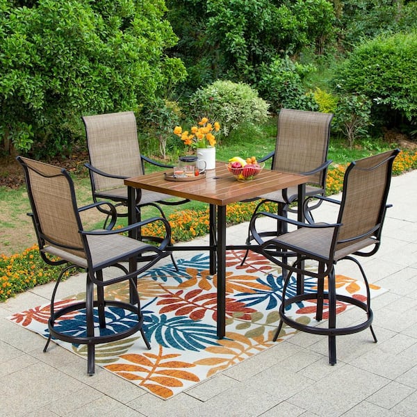PHI VILLA Black 5-Piece Metal Outdoor Bar Height Dining Set With Straight-Leg Square Table and Textilene Swivel Bar Stools