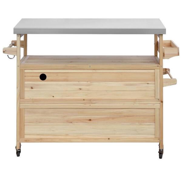 Outdoor Grill Table With Stainless Steel Top - Farmhouse Solid Wood Kitchen Island With Wheels