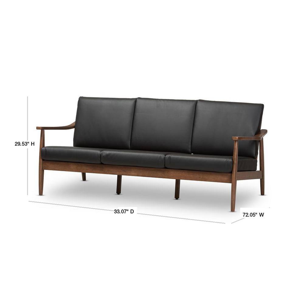 Venza Mid-Century Modern Black Faux Leather Walnut Wood 3-Seater Sofa