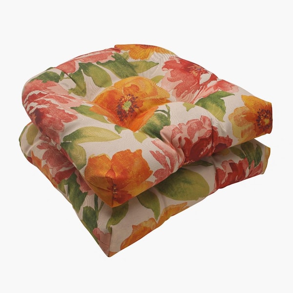 Pillow Perfect Floral 19 x 19 Outdoor Dining Chair Cushion in Green/Orange (Set of 2)